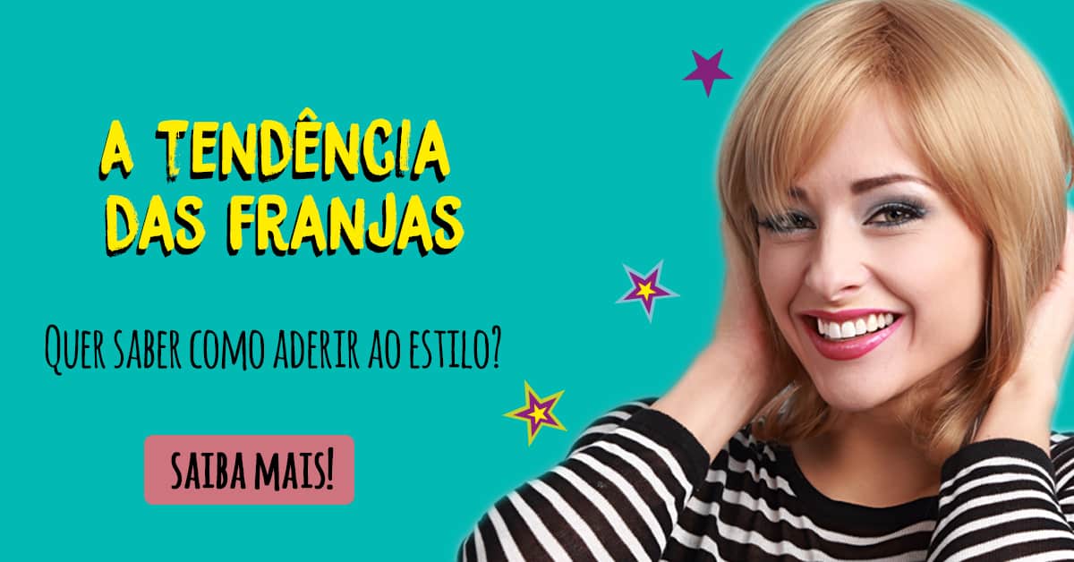  Mulher sorridente com corte de cabelo com franja em banner sobre tendências de estilo de cabelo