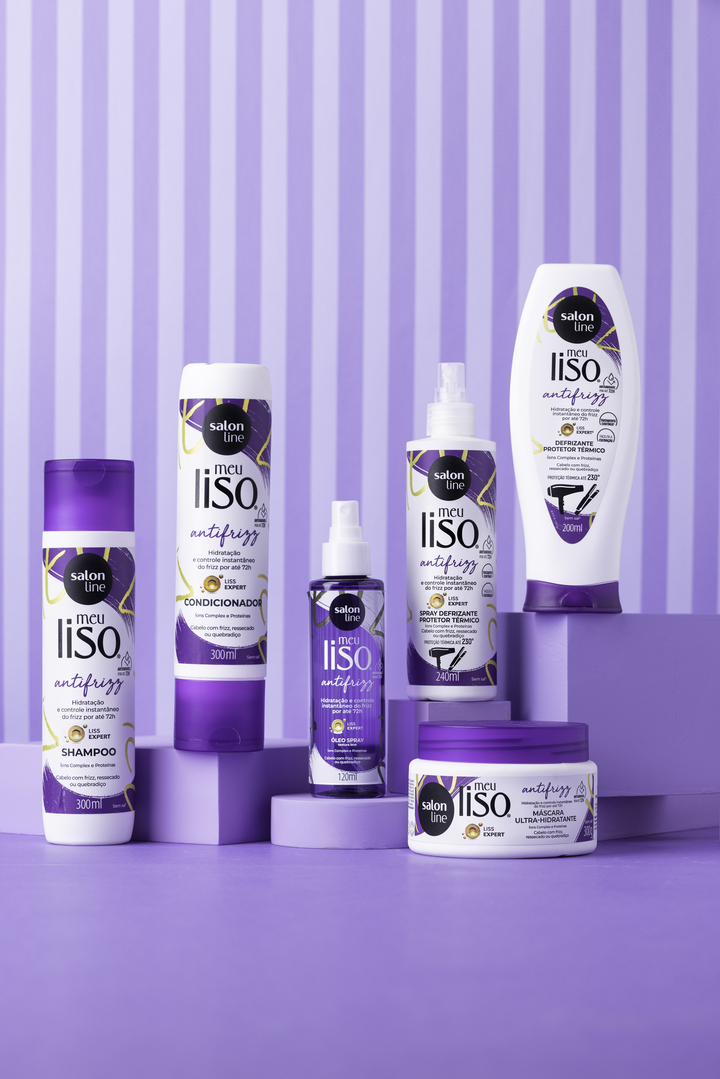  imagem da nova linha antifrizz da marca Salon Line toda em tons de roxo