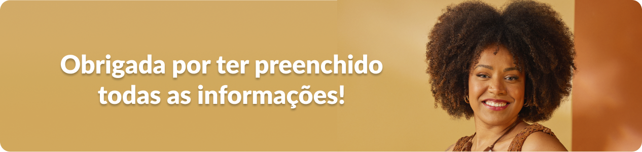 banner marrom claro com um texto em branco de agradecimento e uma mulher negra de cabelo cacheado médio sorrindo.