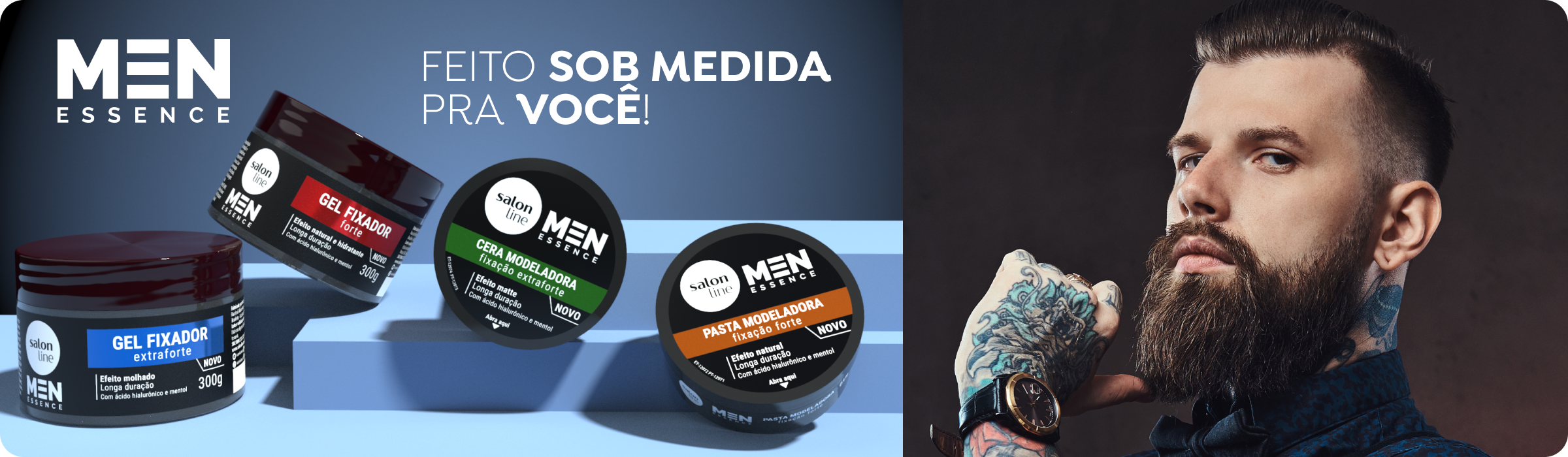 quatro novos produtos da Salon Line da linha Men Essence e um homem ao lado, branco todo tatuado, com cabelo liso