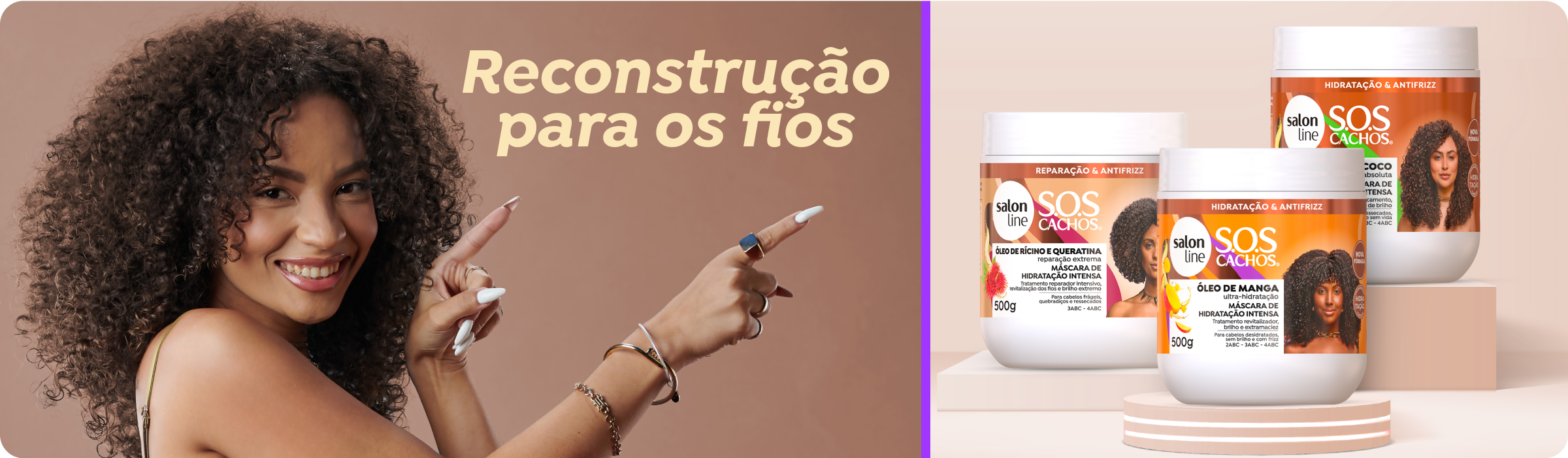 mulher apontando para o lado onde estão 3 produtos da Salon Line