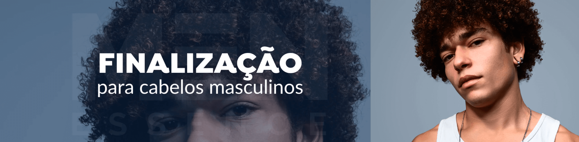 banner azul marinho com homem de cabelos cacheados